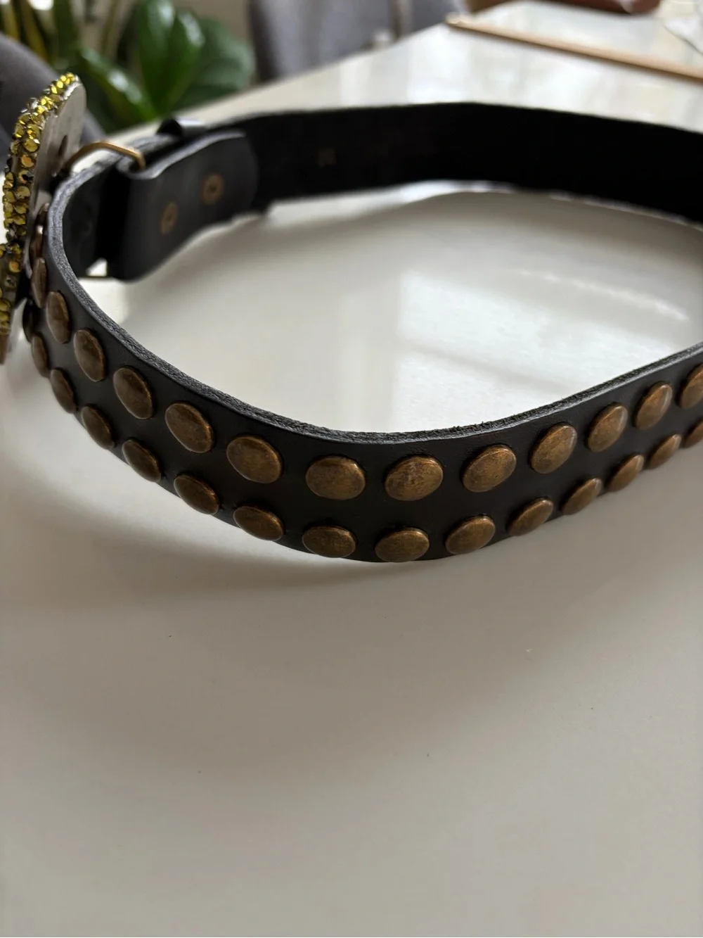 Bridget Shuster Studded Leather Belt Rhinestone Buckle Y2K Western Glam size 32